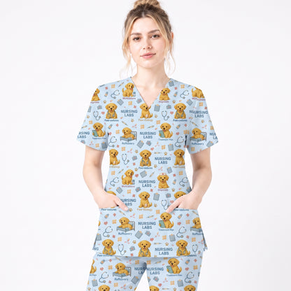Labrador Nursing Scrub Top, Cute Dog Pattern Nurse Uniform, Comfortable Scrubs For Nurses