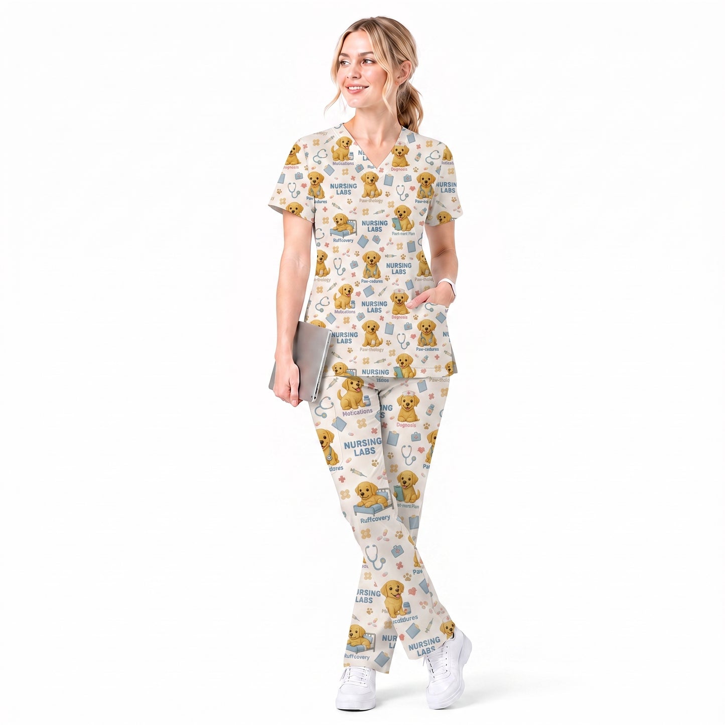 Labrador Nursing Scrub Top, Cute Dog Pattern Nurse Uniform, Comfortable Scrubs For Nurses