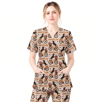 Funny Wiener Dog Pattern Scrub, Halloween Dachshund with Doxycycline Bike Scrub Top, Breathable Fabrics Nursing Uniform