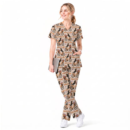 Funny Wiener Dog Pattern Scrub, Halloween Dachshund with Doxycycline Bike Scrub Top, Breathable Fabrics Nursing Uniform