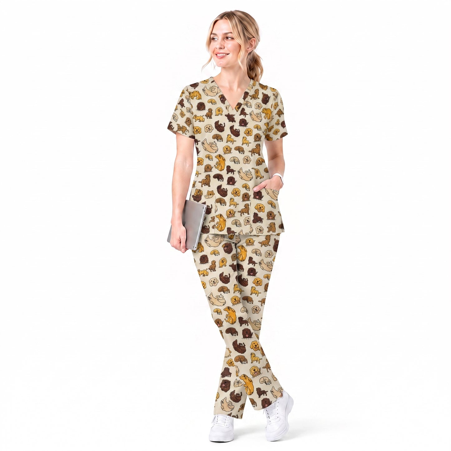 Funny Labrador Pattern Scrub Top, Lab Retriever Dog Nursing Scrub for Women, Breathable Veterinary Medical Uniform