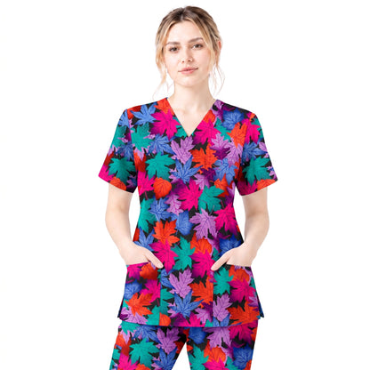 Autumn Maple Leaves Scrub Top for Women, Colorful Fall Nursing Uniform, Breathable Autumn Medical Scrub Shirt