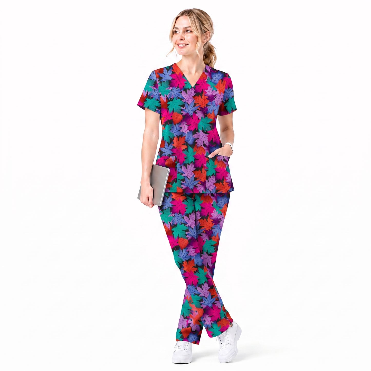 Autumn Maple Leaves Scrub Top for Women, Colorful Fall Nursing Uniform, Breathable Autumn Medical Scrub Shirt