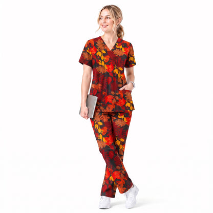 Autumn Leaves Scrub Top for Women, Fall Floral Nursing Uniform, Breathable Autumn Medical Scrub Shirt