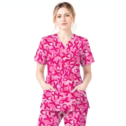 Breast Cancer Awareness Scrub Top for Women, Pink Ribbon Nursing Uniform, Support Breast Cancer Month Gift