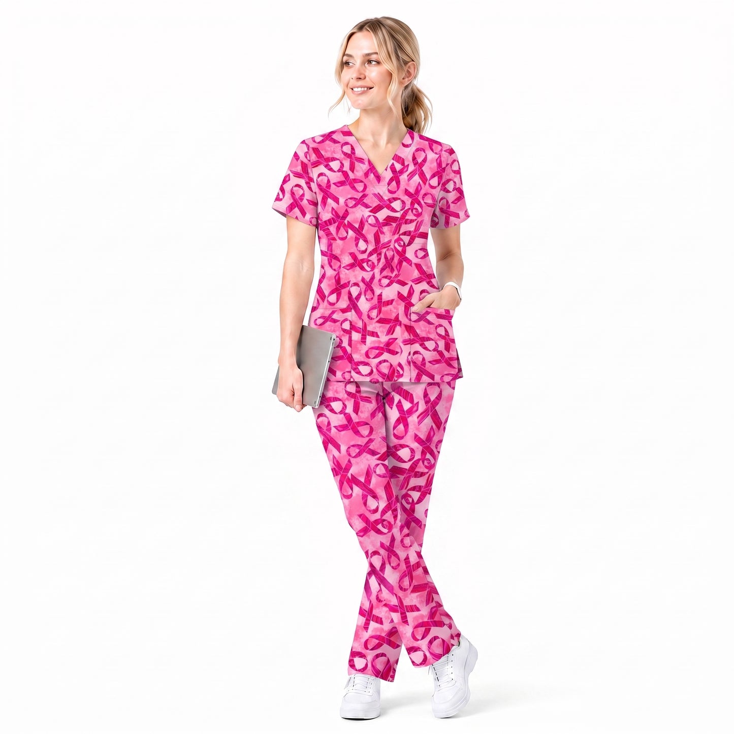 Breast Cancer Awareness Scrub Top for Women, Pink Ribbon Nursing Uniform, Support Breast Cancer Month Gift