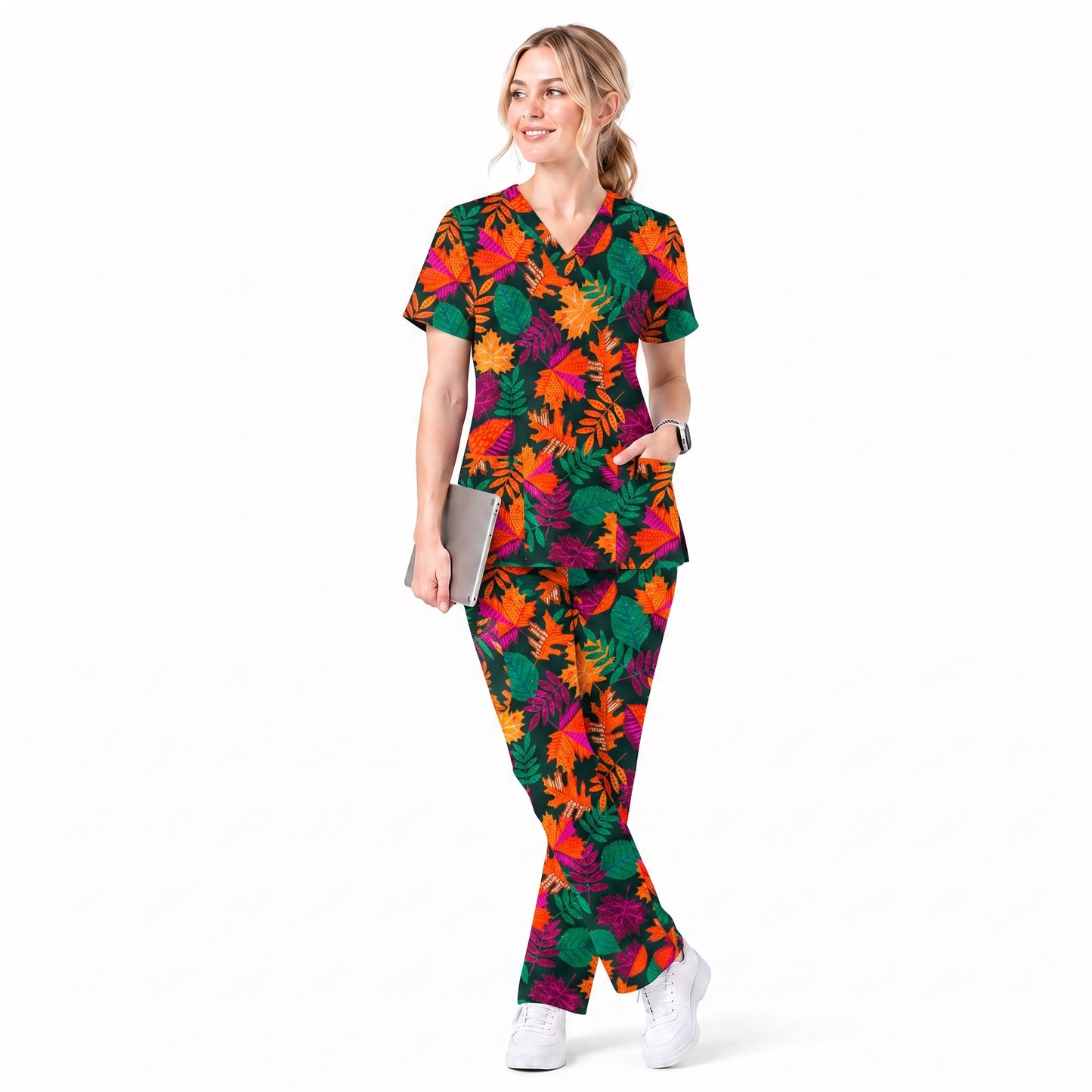 Autumn Leaves Scrub Top for Women, Colorful Fall Foliage Nursing Uniform, Breathable Autumn Medical Scrub Shirt