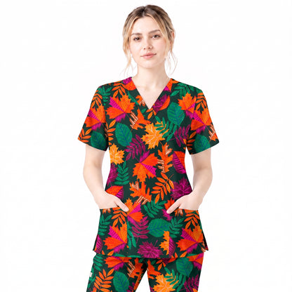 Autumn Leaves Scrub Top for Women, Colorful Fall Foliage Nursing Uniform, Breathable Autumn Medical Scrub Shirt