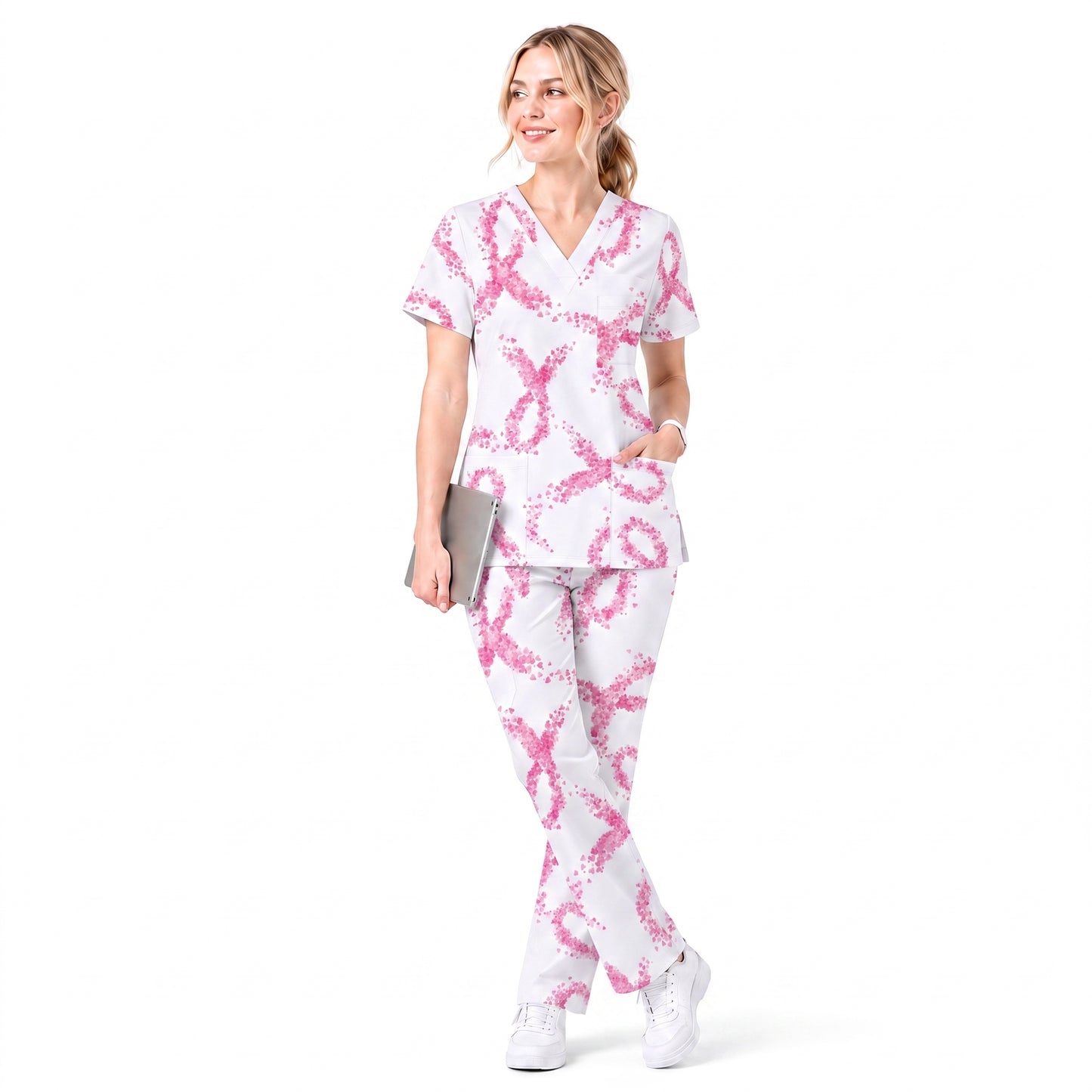 Breast Cancer Nurse Scrub Top, Breast Cancer Medical Pattern Shirt, Breathable Fabrics Nursing Uniform
