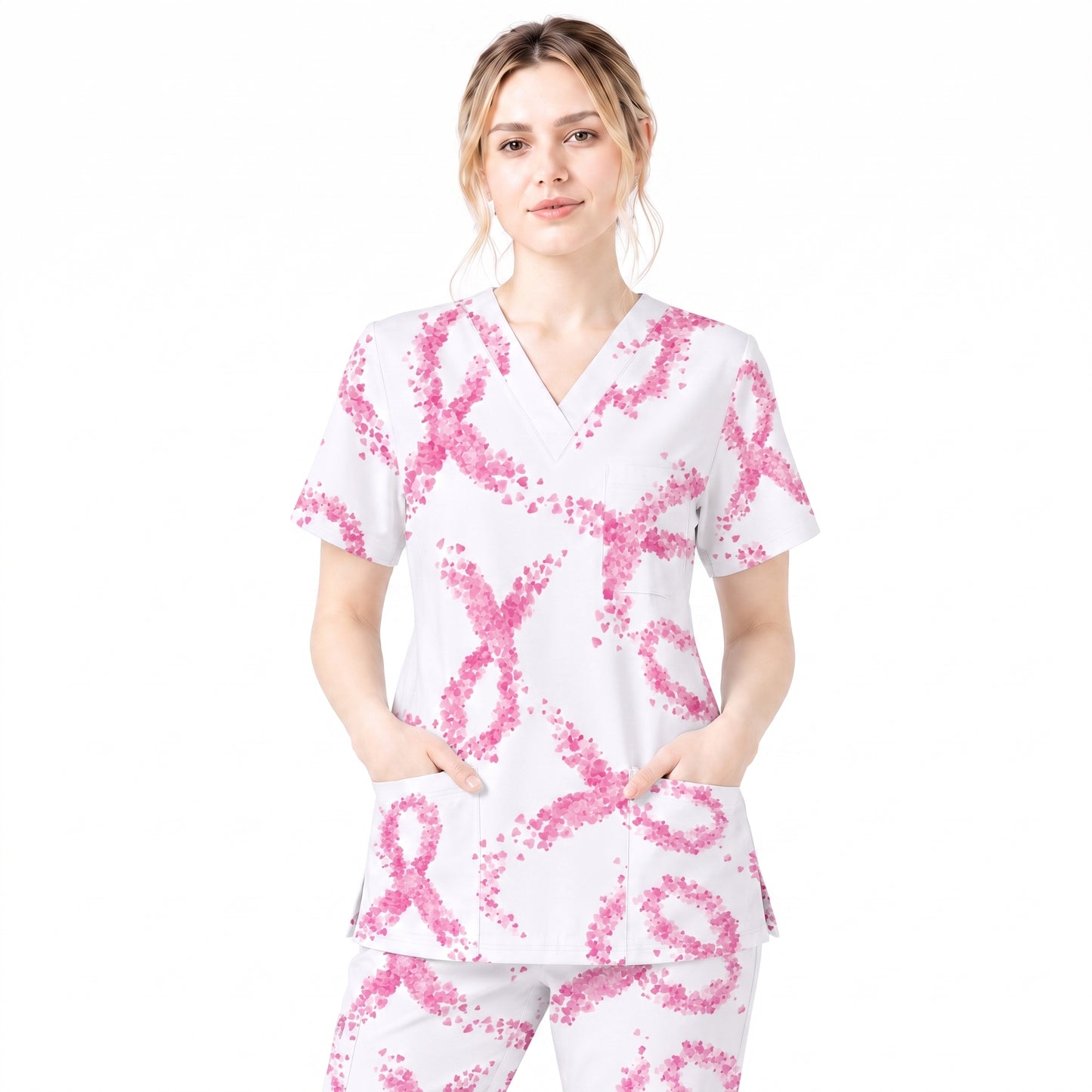 Breast Cancer Nurse Scrub Top, Breast Cancer Medical Pattern Shirt, Breathable Fabrics Nursing Uniform