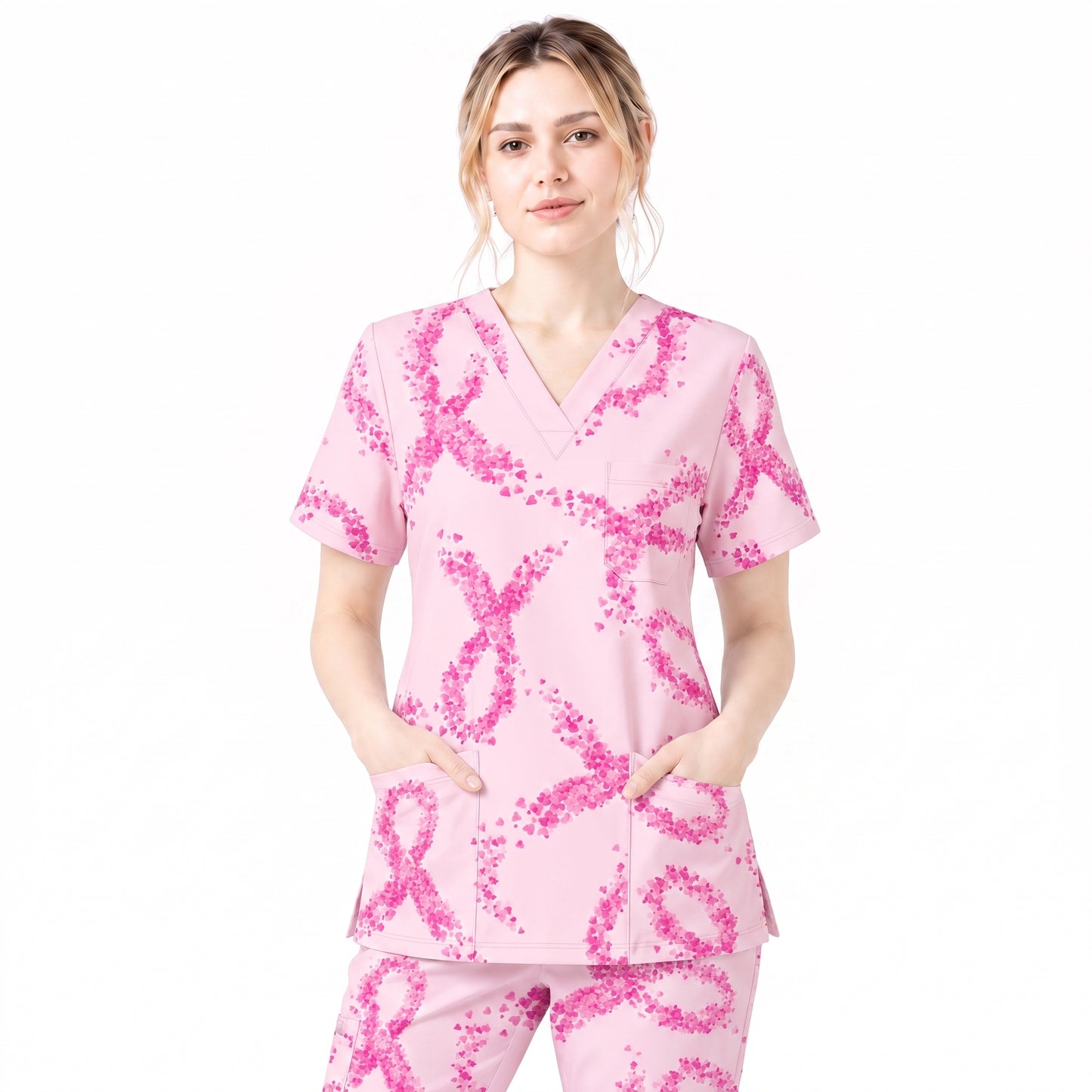 Breast Cancer Nurse Scrub Top, Breast Cancer Medical Pattern Shirt, Breathable Fabrics Nursing Uniform