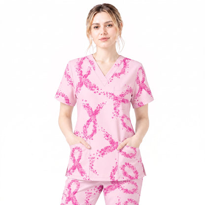 Breast Cancer Nurse Scrub Top, Breast Cancer Medical Pattern Shirt, Breathable Fabrics Nursing Uniform