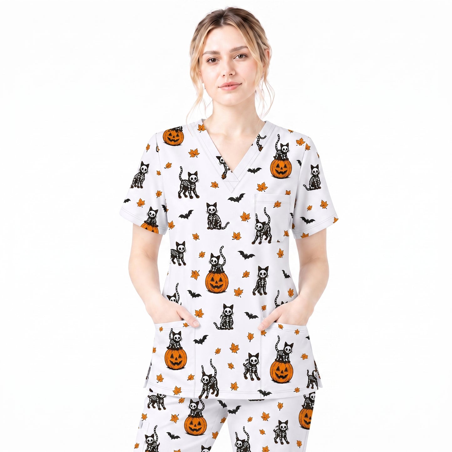 Skeleton Cat Pattern Scrub Set, Scrub Pants and V Neck Top, Breathable Fabrics Nursing Uniform