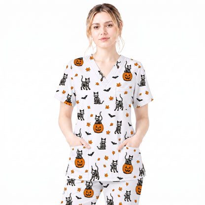 Skeleton Cat Pattern Scrub Set, Scrub Pants and V Neck Top, Breathable Fabrics Nursing Uniform