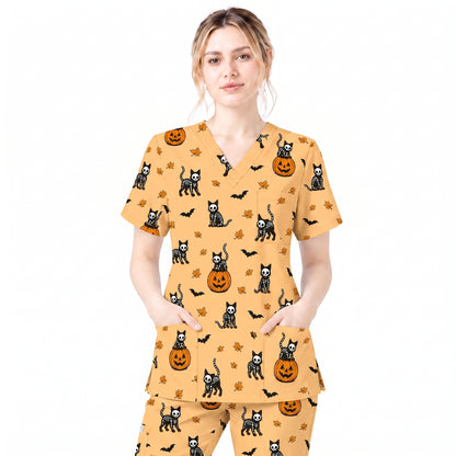 Skeleton Cat Pattern Scrub Set, Scrub Pants and V Neck Top, Breathable Fabrics Nursing Uniform