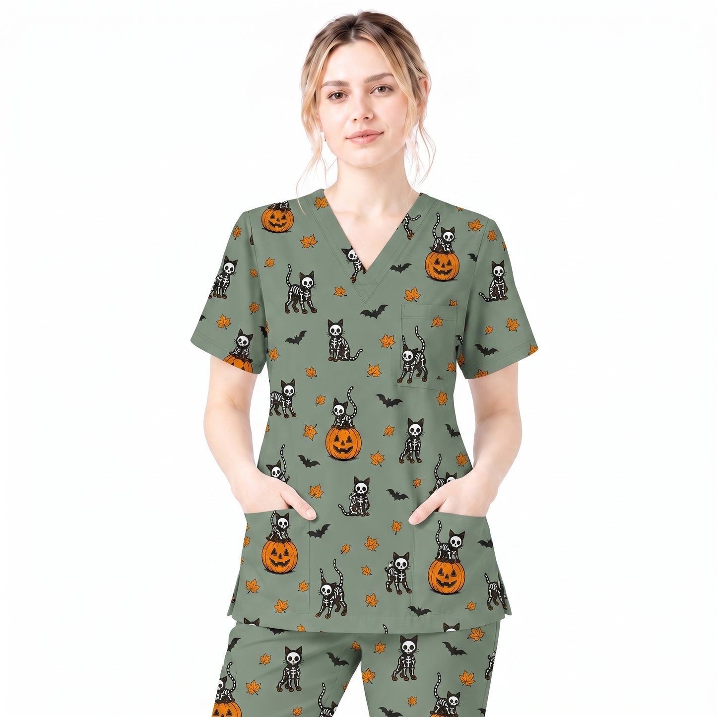 Skeleton Cat Pattern Scrub Set, Scrub Pants and V Neck Top, Breathable Fabrics Nursing Uniform