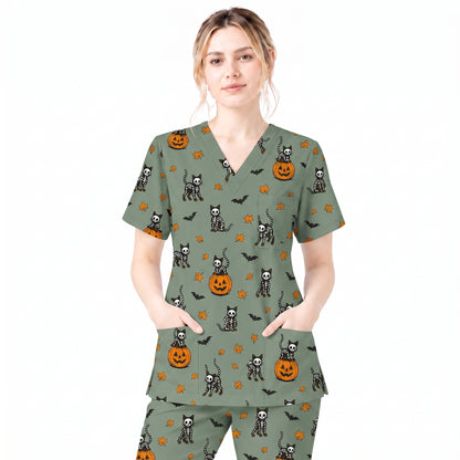 Skeleton Cat Pattern Scrub Set, Scrub Pants and V Neck Top, Breathable Fabrics Nursing Uniform