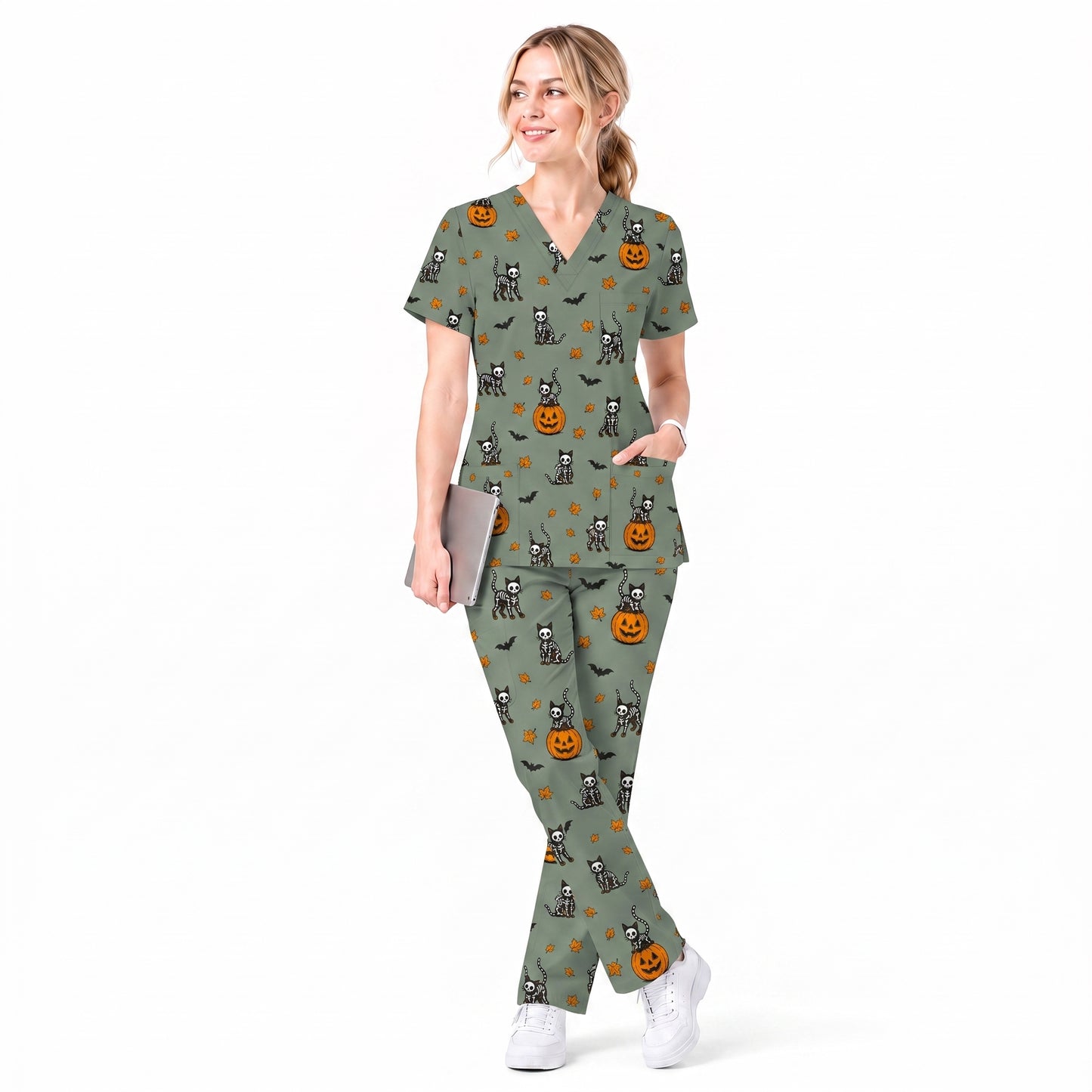 Skeleton Cat Pattern Scrub Set, Scrub Pants and V Neck Top, Breathable Fabrics Nursing Uniform