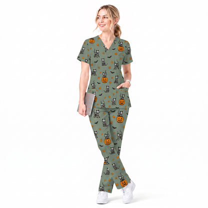 Skeleton Cat Pattern Scrub Set, Scrub Pants and V Neck Top, Breathable Fabrics Nursing Uniform