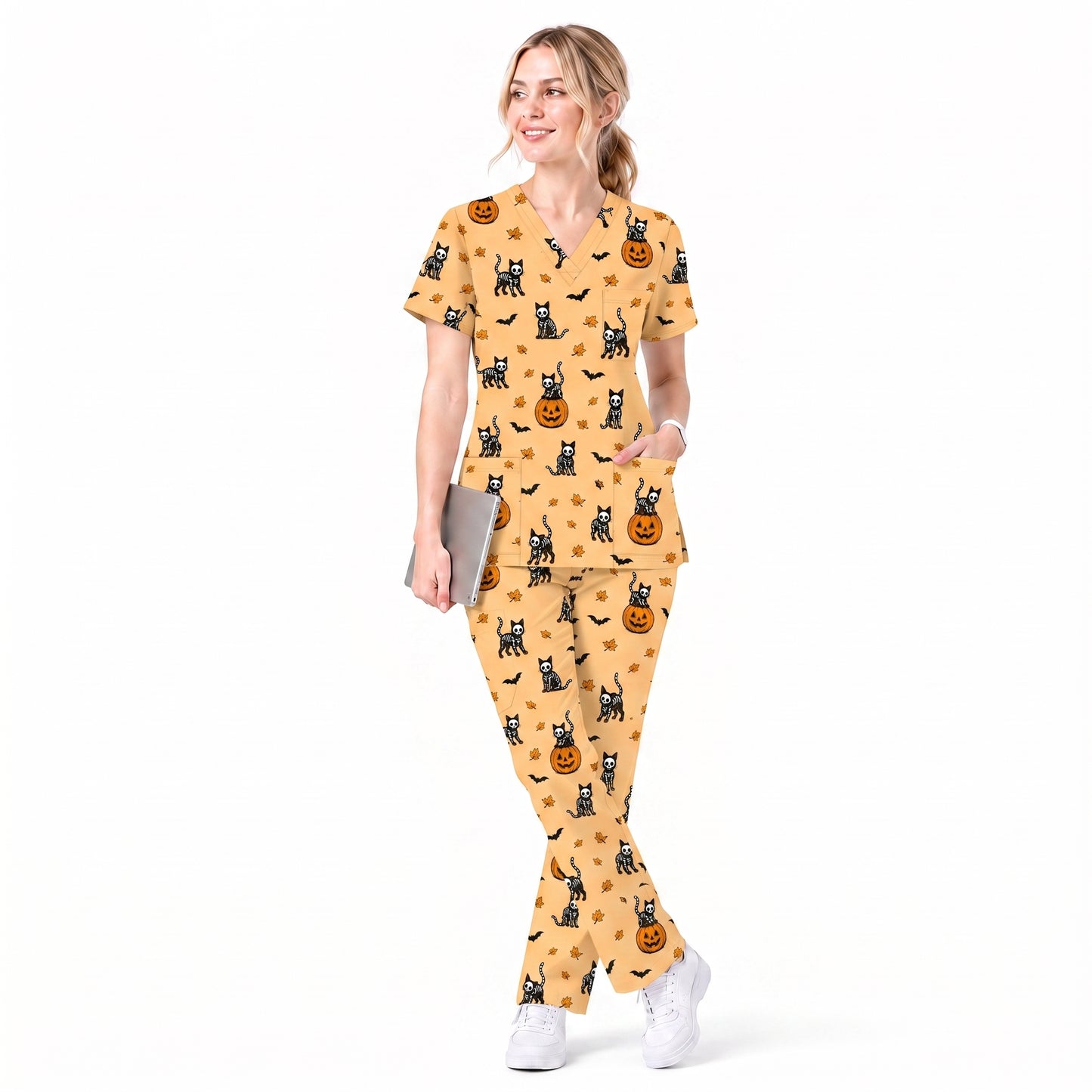 Skeleton Cat Pattern Scrub Set, Scrub Pants and V Neck Top, Breathable Fabrics Nursing Uniform