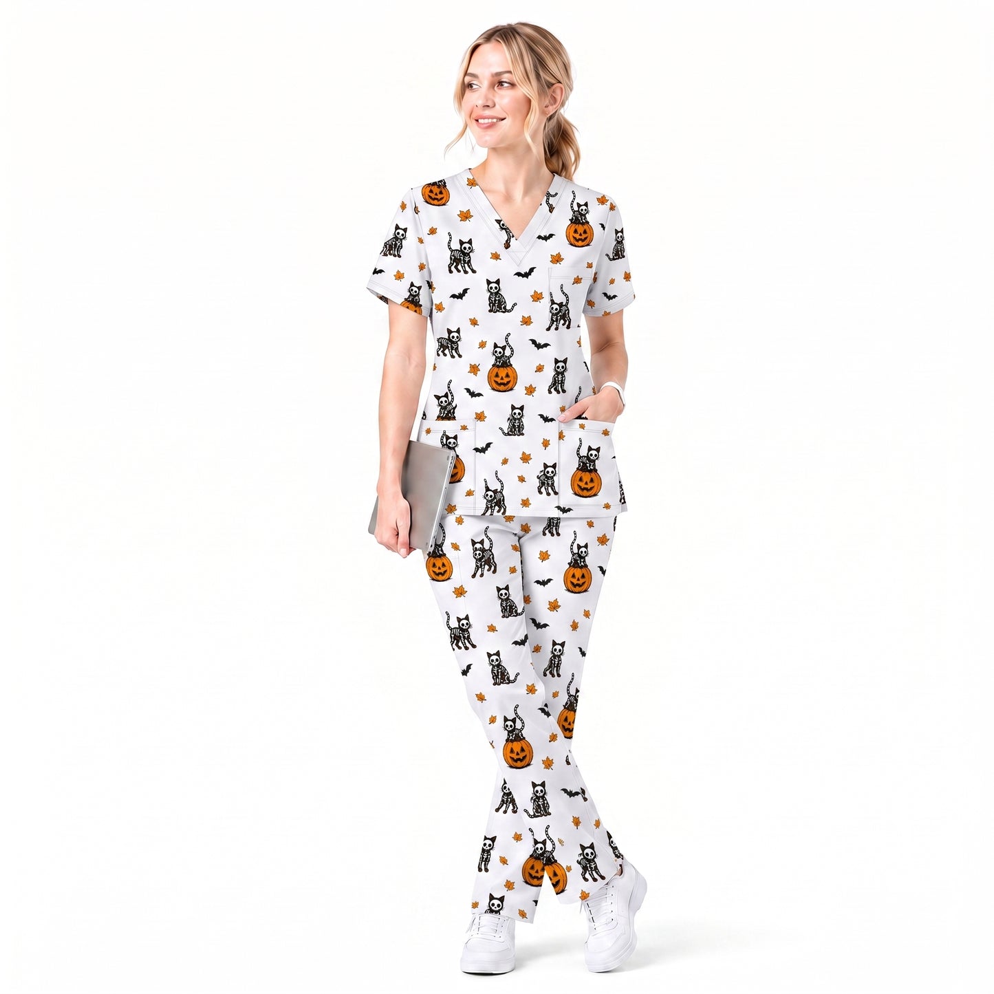 Skeleton Cat Pattern Scrub Set, Scrub Pants and V Neck Top, Breathable Fabrics Nursing Uniform