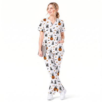 Skeleton Cat Pattern Scrub Set, Scrub Pants and V Neck Top, Breathable Fabrics Nursing Uniform