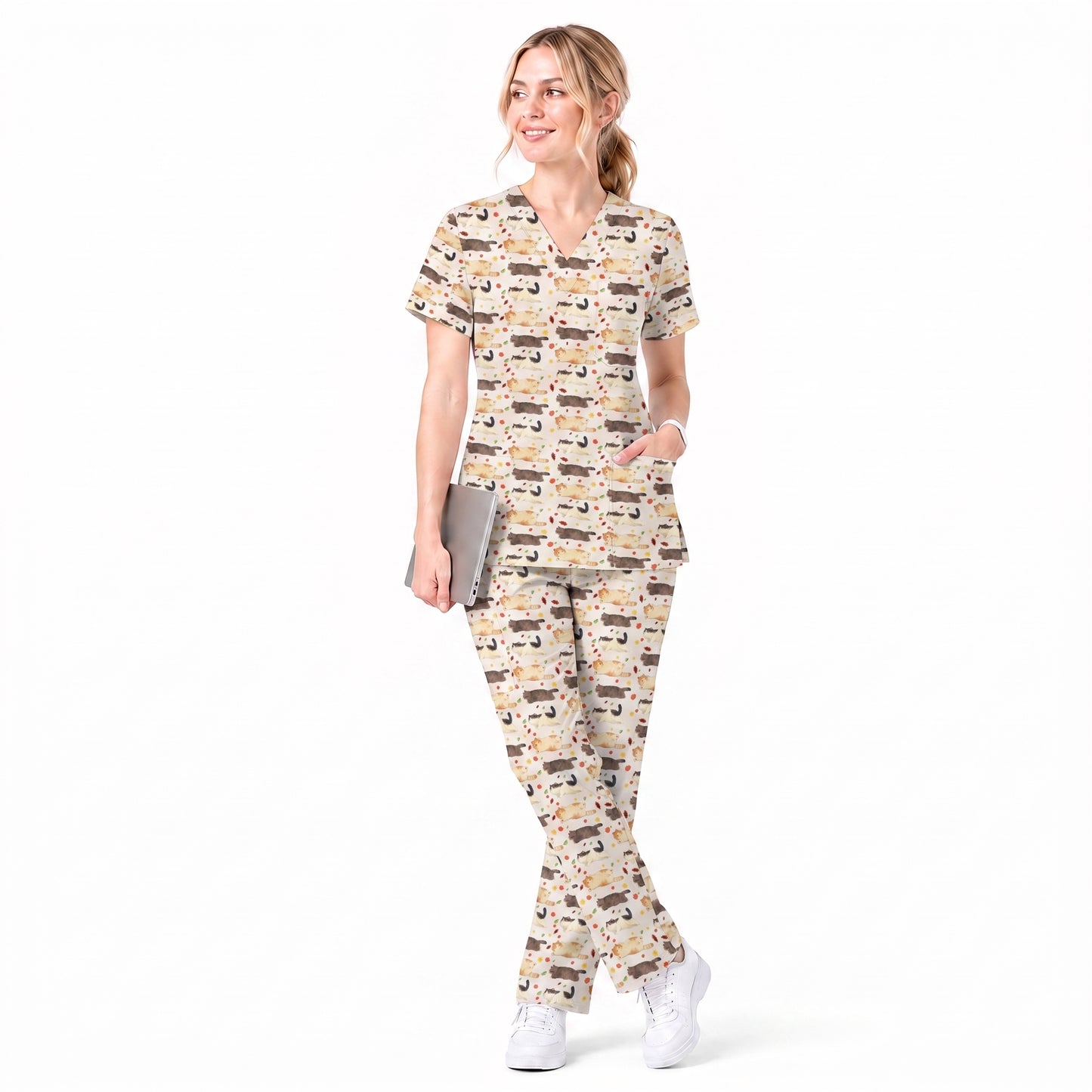 Chubby Cat Autumn Leaves Print Scrub Set, Cat Pattern Scrub For Nursing, Breathable Med Uniform