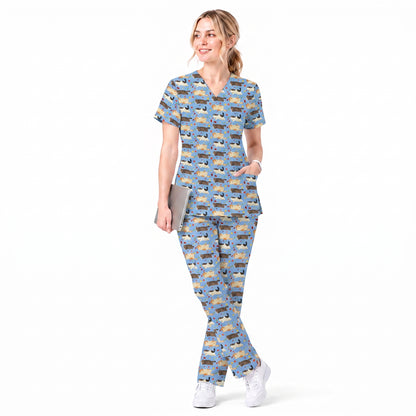 Chubby Cat Autumn Leaves Print Scrub Set, Cat Pattern Scrub For Nursing, Breathable Med Uniform