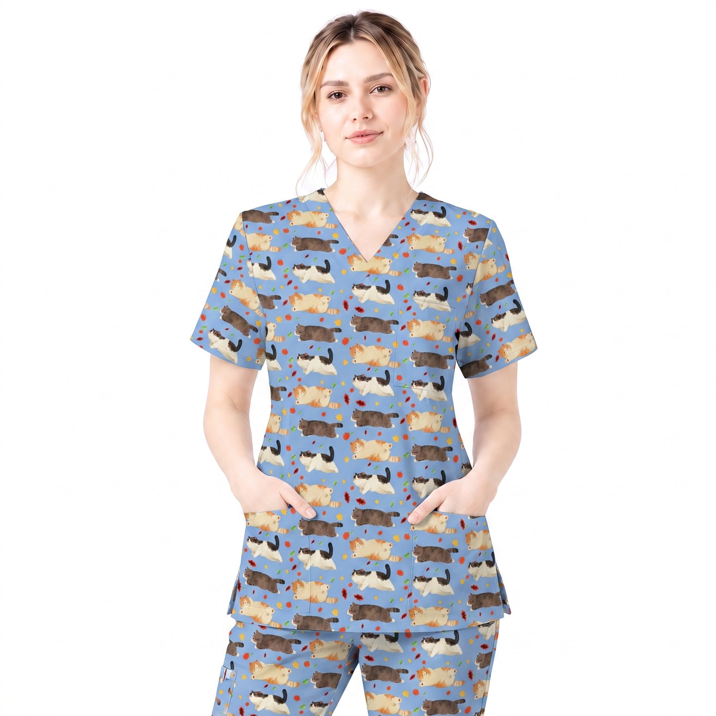 Chubby Cat Autumn Leaves Print Scrub Set, Cat Pattern Scrub For Nursing, Breathable Med Uniform