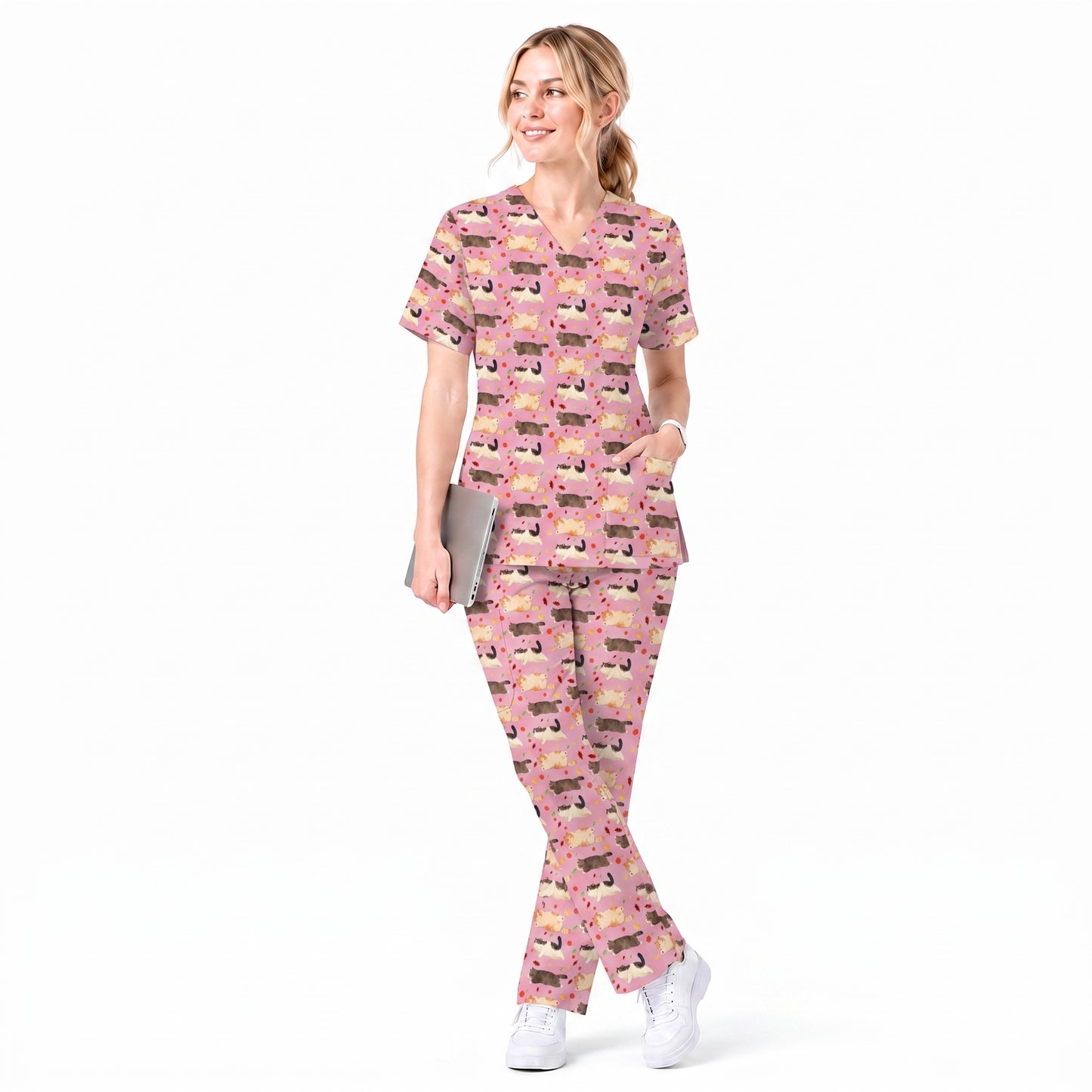 Chubby Cat Autumn Leaves Print Scrub Set, Cat Pattern Scrub For Nursing, Breathable Med Uniform