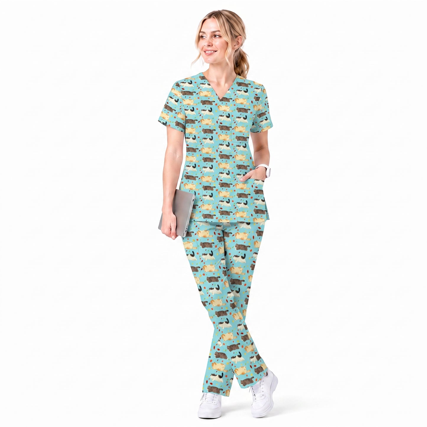 Chubby Cat Autumn Leaves Print Scrub Set, Cat Pattern Scrub For Nursing, Breathable Med Uniform