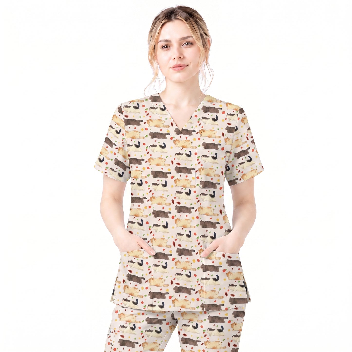 Chubby Cat Autumn Leaves Print Scrub Set, Cat Pattern Scrub For Nursing, Breathable Med Uniform