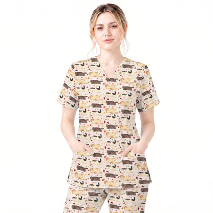 Chubby Cat Autumn Leaves Print Scrub Set, Cat Pattern Scrub For Nursing, Breathable Med Uniform