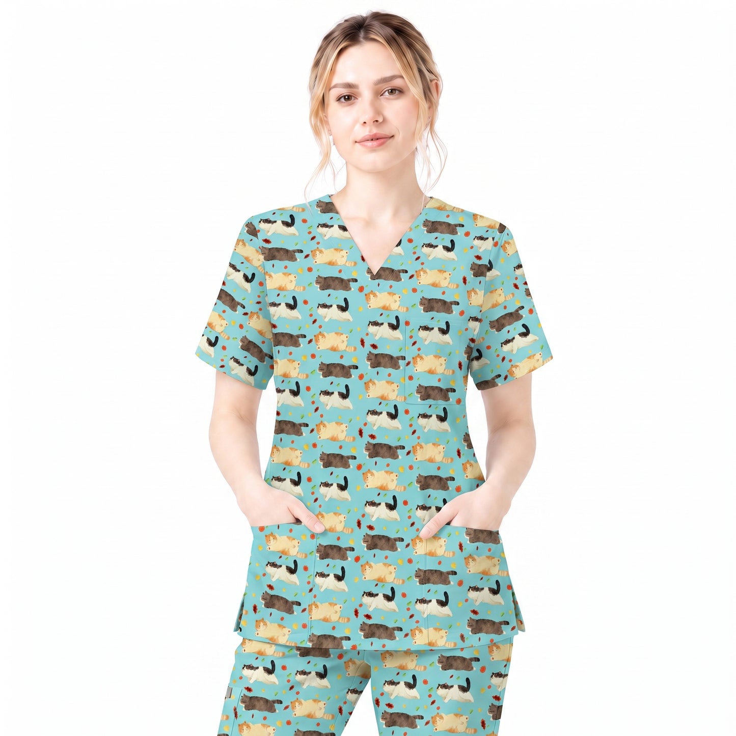 Chubby Cat Autumn Leaves Print Scrub Set, Cat Pattern Scrub For Nursing, Breathable Med Uniform