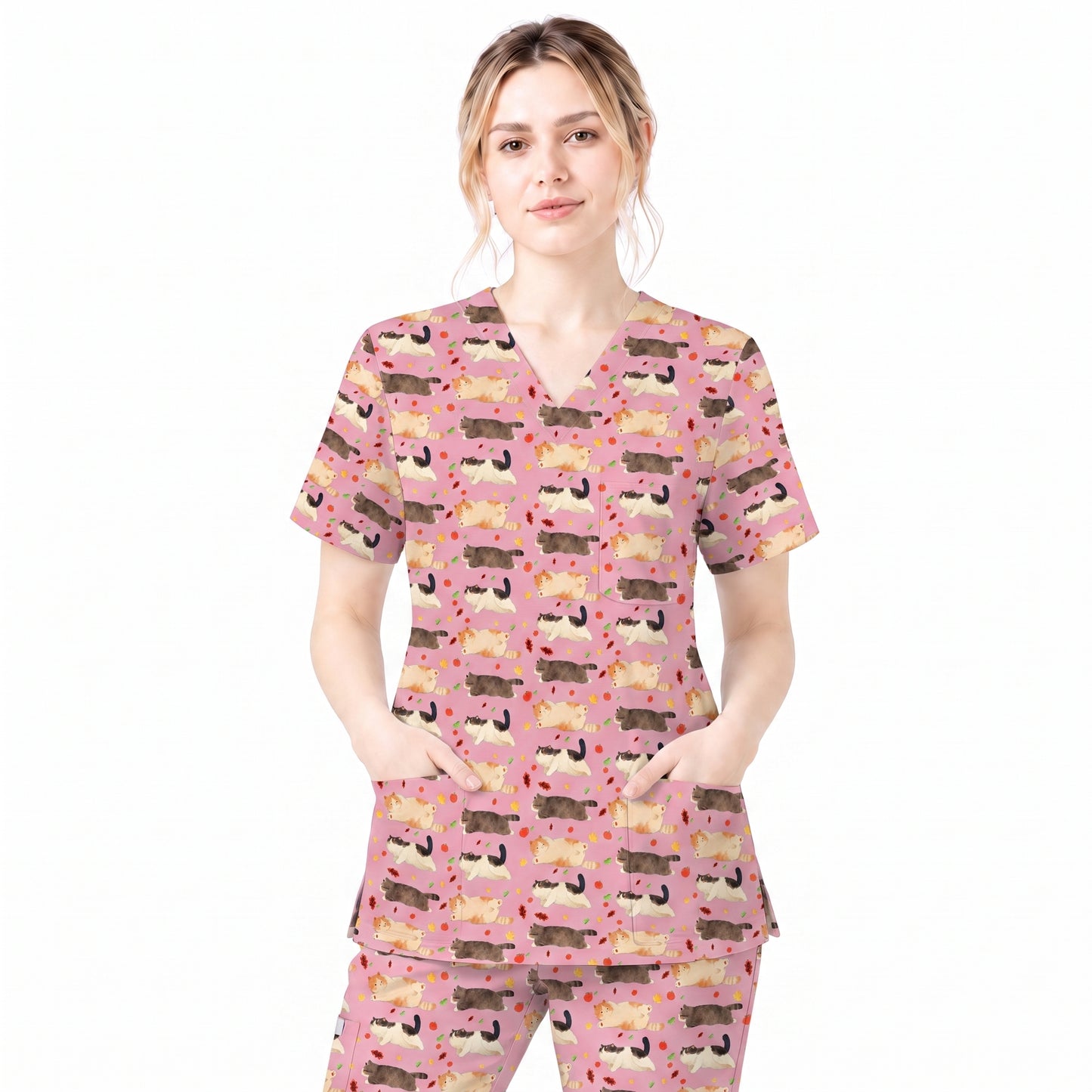 Chubby Cat Autumn Leaves Print Scrub Set, Cat Pattern Scrub For Nursing, Breathable Med Uniform