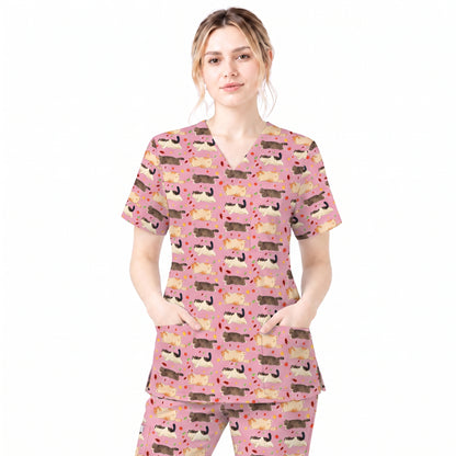 Chubby Cat Autumn Leaves Print Scrub Set, Cat Pattern Scrub For Nursing, Breathable Med Uniform