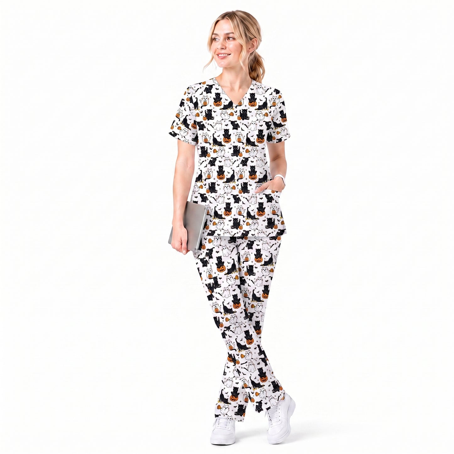 Halloween Cat Ghost Pumpkin Pattern Scrub Set, Scrub Pants and V Neck Top, Breathable Fabrics Nursing Uniform
