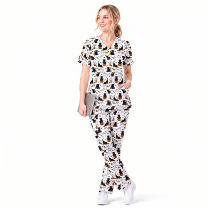 Halloween Cat Ghost Pumpkin Pattern Scrub Set, Scrub Pants and V Neck Top, Breathable Fabrics Nursing Uniform