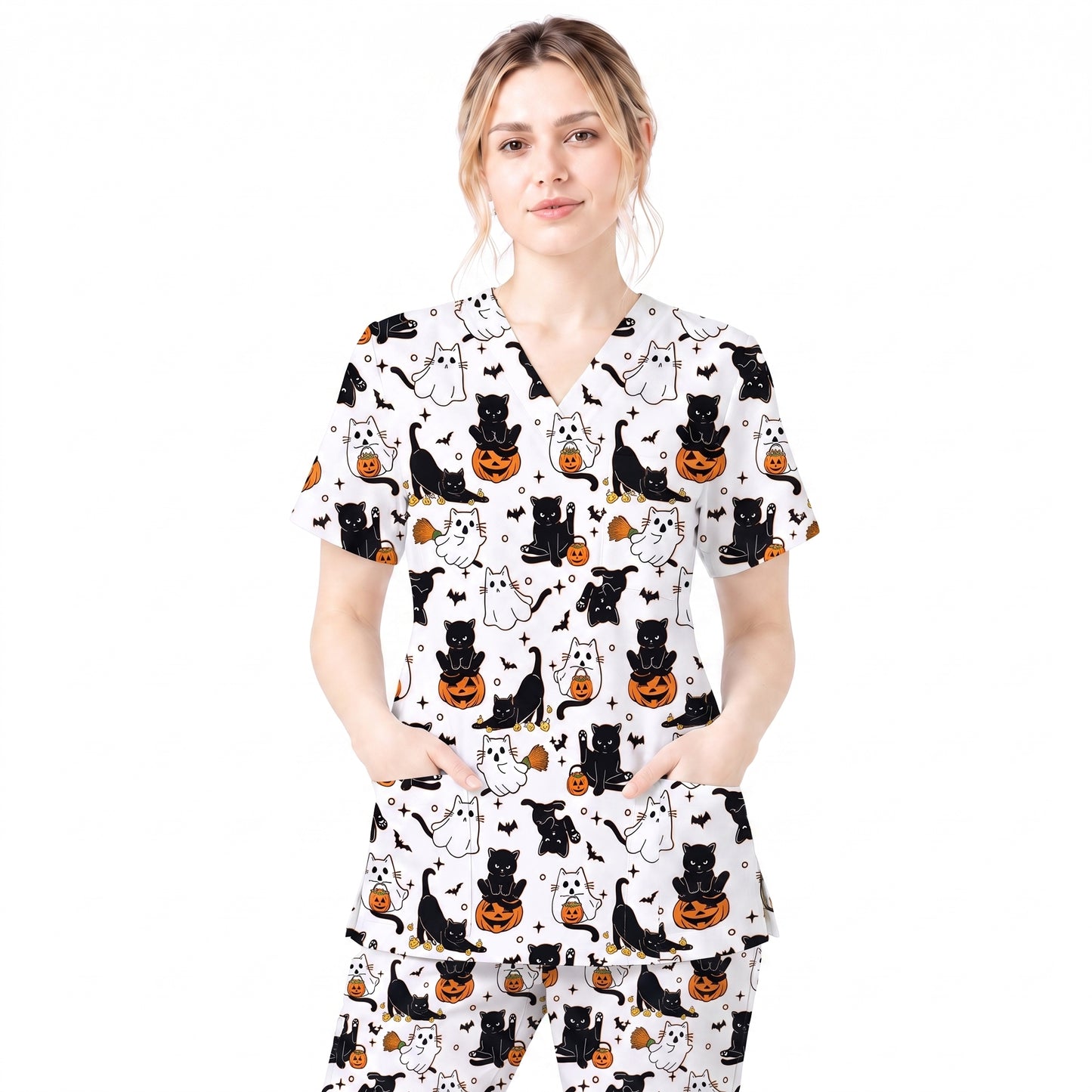 Halloween Cat Ghost Pumpkin Pattern Scrub Set, Scrub Pants and V Neck Top, Breathable Fabrics Nursing Uniform