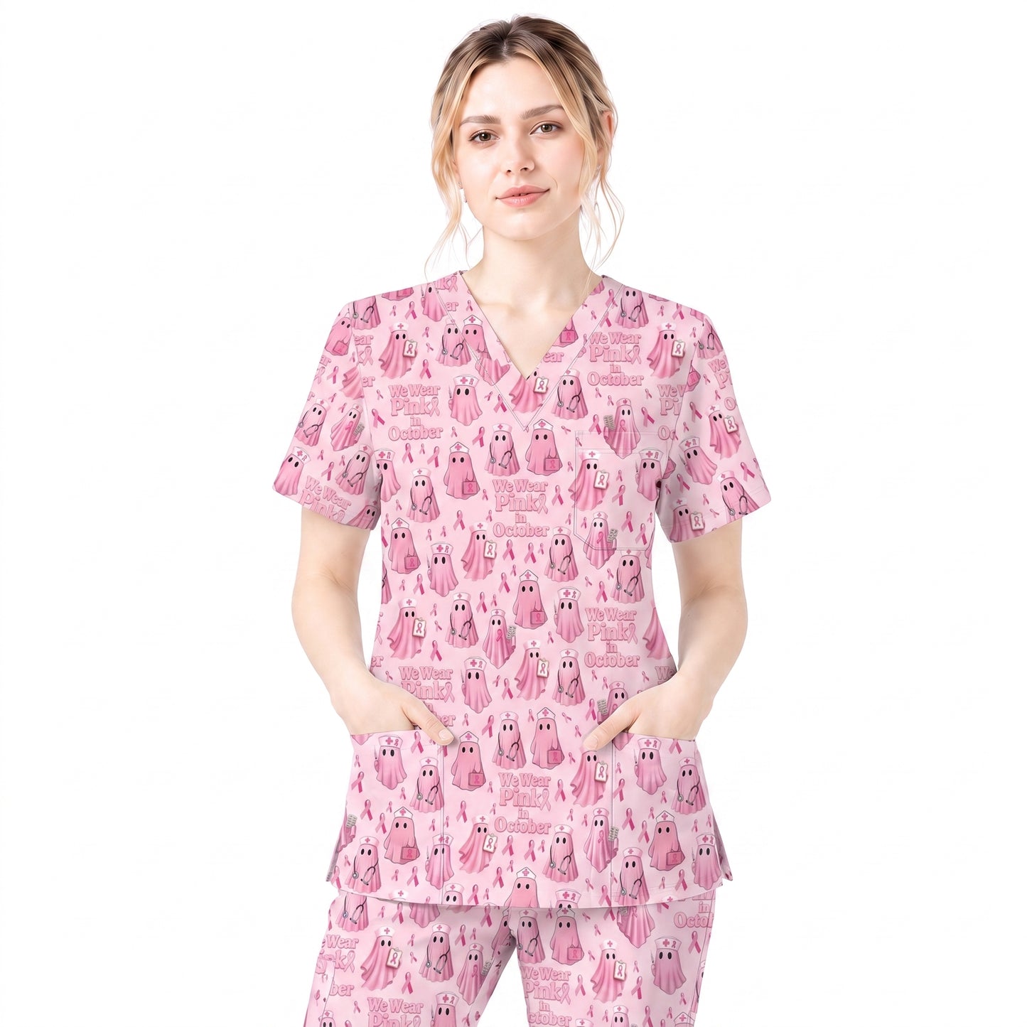 Funny Breast Cancer Awareness Scrub Top, We Wear Pink In October & Ghost Pattern Nurse Uniform, Gift for RN LPN CNA