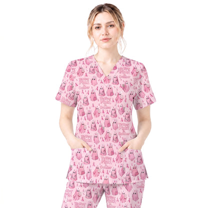 Funny Breast Cancer Awareness Scrub Top, We Wear Pink In October & Ghost Pattern Nurse Uniform, Gift for RN LPN CNA