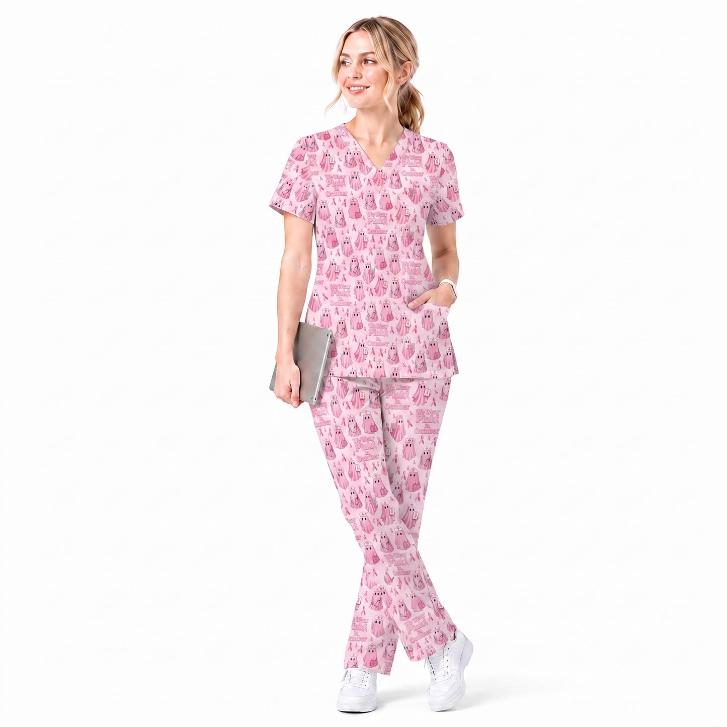 Funny Breast Cancer Awareness Scrub Top, We Wear Pink In October & Ghost Pattern Nurse Uniform, Gift for RN LPN CNA