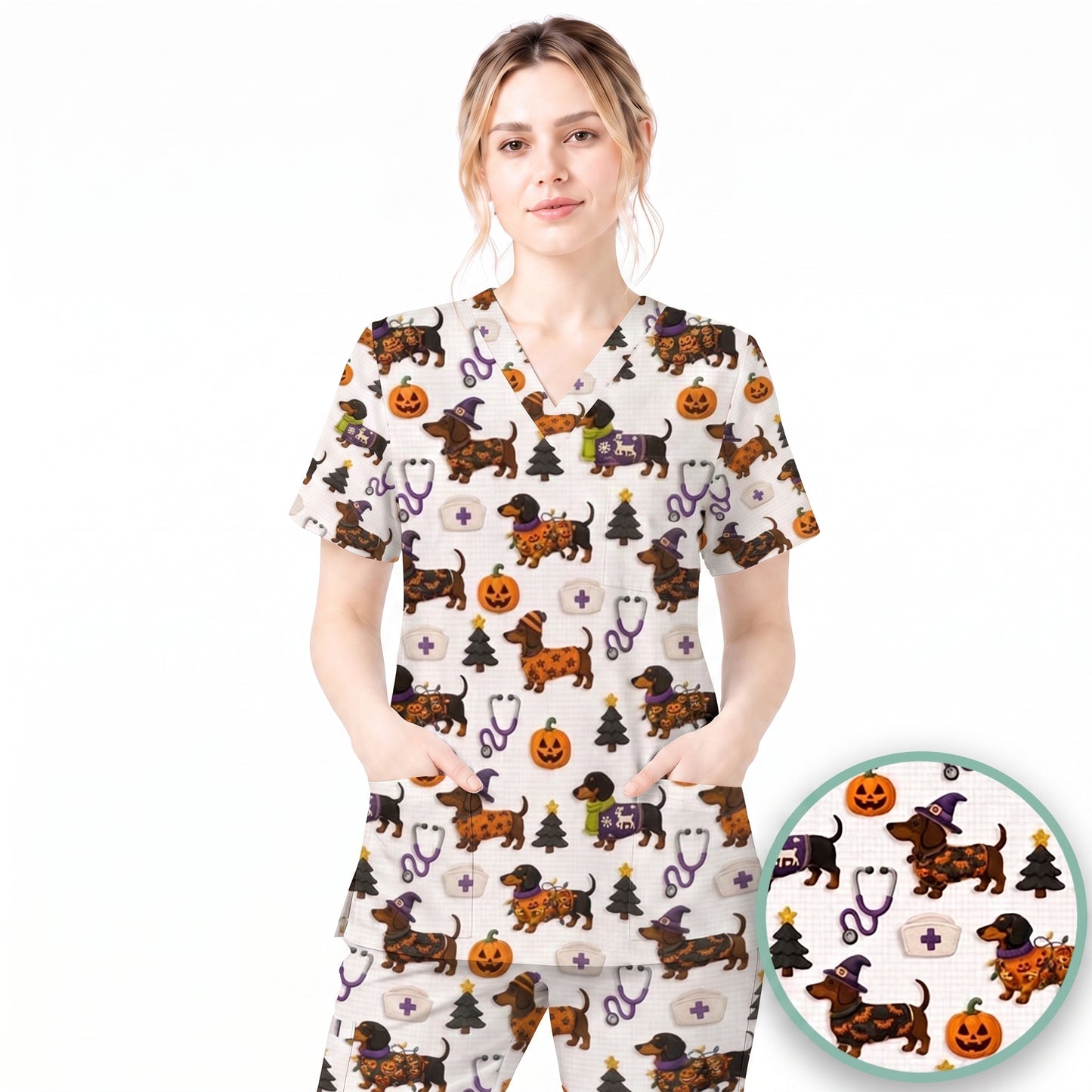 Funny Wiener Dog Pattern Scrub, Halloween Dachshund with Pumpkin Stethoscope Print Scrub Top, Breathable Fabrics Nursing Uniform (Copy)