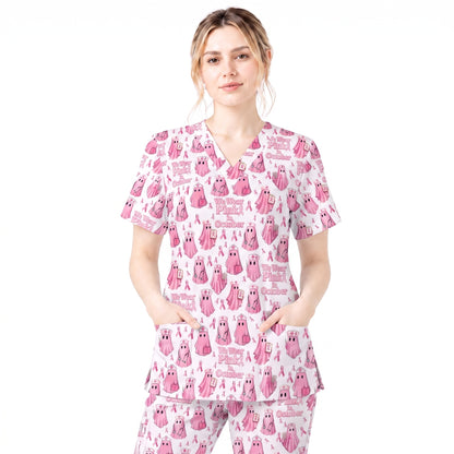 Funny Breast Cancer Awareness Scrub Top, We Wear Pink In October & Ghost Pattern Nurse Uniform, Gift for RN LPN CNA