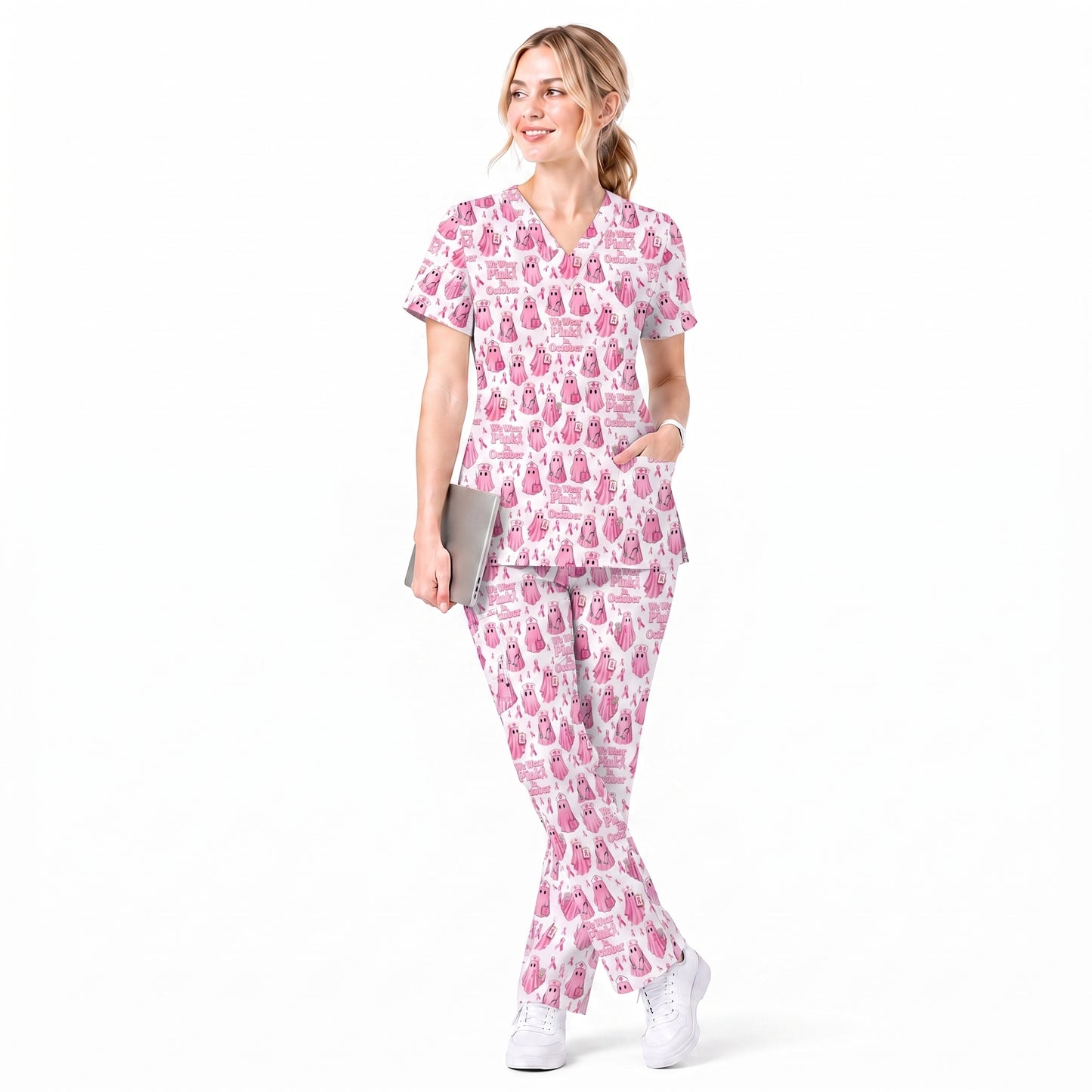 Funny Breast Cancer Awareness Scrub Top, We Wear Pink In October & Ghost Pattern Nurse Uniform, Gift for RN LPN CNA