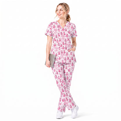 Funny Breast Cancer Awareness Scrub Top, We Wear Pink In October & Ghost Pattern Nurse Uniform, Gift for RN LPN CNA