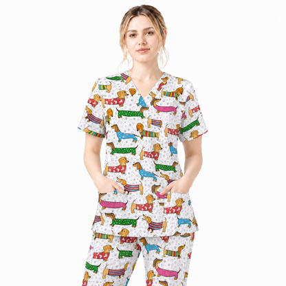 Dachshund Dog Scrub Top, Funny Wiener Dog Scrubs For Nursing, RN LPN CNA Healthcare Workers Gift