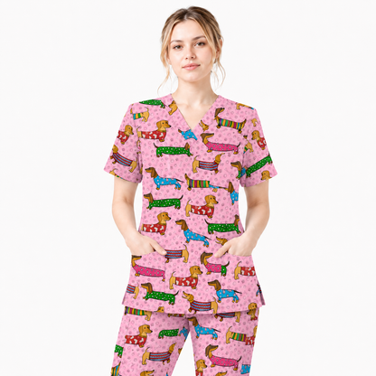 Dachshund Dog Scrub Top, Funny Wiener Dog Scrubs For Nursing, RN LPN CNA Healthcare Workers Gift