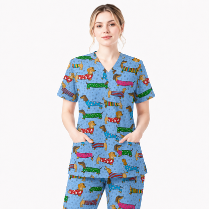 Dachshund Dog Scrub Top, Funny Wiener Dog Scrubs For Nursing, RN LPN CNA Healthcare Workers Gift