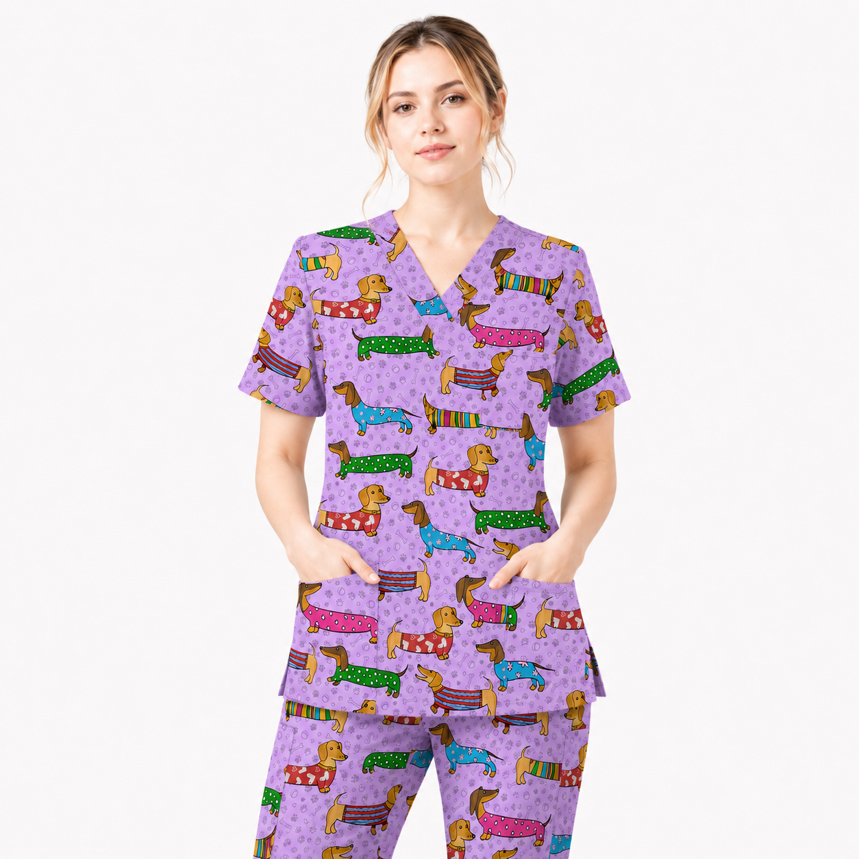 Dachshund Dog Scrub Top, Funny Wiener Dog Scrubs For Nursing, RN LPN CNA Healthcare Workers Gift